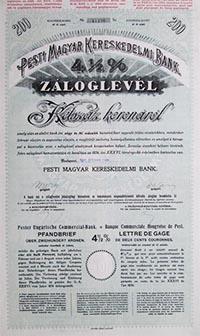 Pesti Magyar Kereskedelmi Bank záloglevél 200 korona 1921