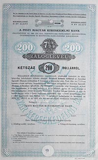 Pesti Magyar Kereskedelmi Bank záloglevél 200 dollár 