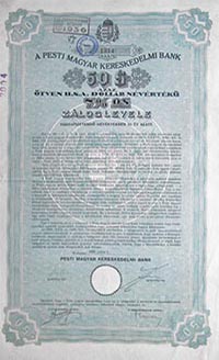 Pesti Magyar Kereskedelmi Bank záloglevél 50 dollár 1929
