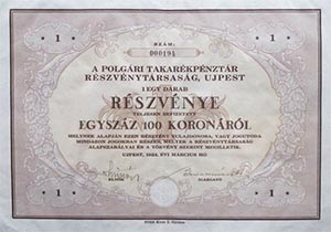 Polgári Takarékpénztár Részvénytársaság Újpest részvény 100 korona 1924