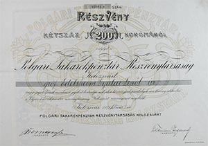 Polgári Takarékpénztár Részvénytársaság Kolozsvár részvény 200 korona 1911