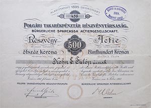 Polgári Takarékpénztár Részvénytársaság Versecz részvény 500 korona 1917