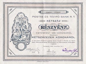Postás és Távíró Bank Részvénytársaság részvény 200x1000  korona 1923