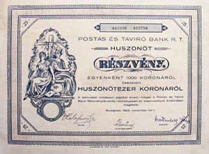 Postás és Távíró Bank Részvénytársaság részvény 25x1000 25000 korona 1923