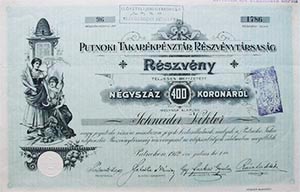 Putnoki Takarékpénztár Részvénytársaság részvény 400 korona 1912 Putnok