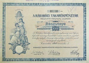 Rábaközi Takarékpénztár Részvénytársaság részvény 150 korona 1910 Csorna