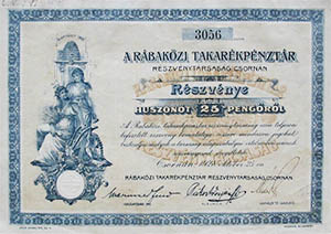 Rábaközi Takarékpénztár Részvénytársaság részvény 25 pengő 1928 Csorna