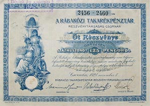 Rábaközi Takarékpénztár Részvénytársaság részvény 5x25 125 pengő 1927 Csorna