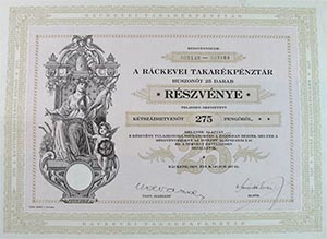 Ráckevei Takarékpénztár Részvénytársaság részvény 25x11 275 pengő 1927