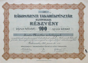Rákosmenti Takarékpénztár Részvénytársaság részvény 100 korona 1910 Rákoscsaba