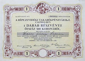 Répczevidéki Takarékpénztár Csepregben részvény 500 korona 1923 Csepreg