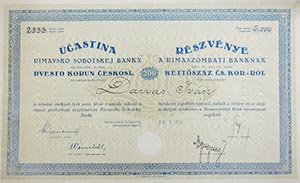Rimaszombati Bank Részvénytársaság részvény 200 cseh korona 1924