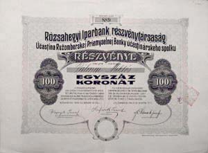 Rózsahegyi Iparbank Részvénytársaság részvény 100 korona 1910
