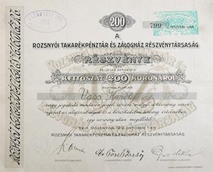 Rozsnyói Takarékpénztár Részvénytársaság részvény 200 korona 1912 Rozsnyó