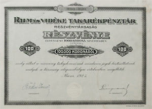 Rum és Vidéke Takarékpénztár Részvénytársaság részvény 100000 korona 1925