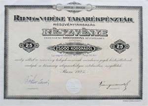 Rum és Vidéke Takarékpénztár Részvénytársaság részvény 25000 korona 1925
