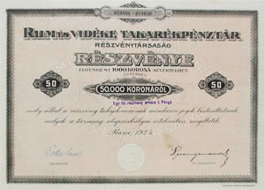 Rum és Vidéke Takarékpénztár Részvénytársaság részvény 50000 korona 1925