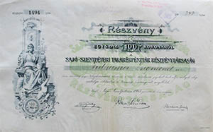Sajószentpéteri Takarékpénztár Részvénytársaság részvény 100 korona 1903