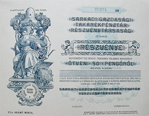 Sarkadi Gazdasági Takarékpénztár Részvénytársaság részvény 50 pengő 1926 Sarkad
