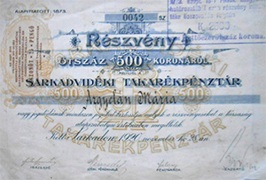 Sarkadvidéki Takarékpénztár Részvénytársaság részvény 500 korona 1920