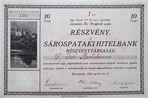 Sárospataki Hitelbank Részvénytársaság részvény 10 pengő 1926