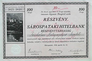 Sárospataki Hitelbank Részvénytársaság részvény 10x10 100 pengő 1926