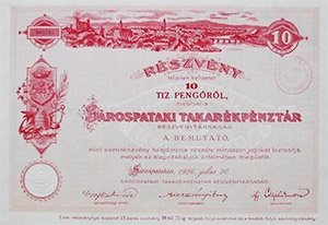 Sárospataki Takarékpénztár Részvénytársaság részvény 10 pengő 1926