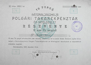 Sátoraljaújhelyi Polgári Takarékpénztár és Hitelegylet részvény 10 pengő 1926