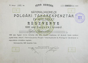 Sátoraljaújhelyi Polgári Takarékpénztár és Hitelegylet részvény 1000 korona 1923