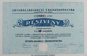 Sátoraljaújhelyi Takarékpénztár Részvénytársaság részvény 10 pengő 1927