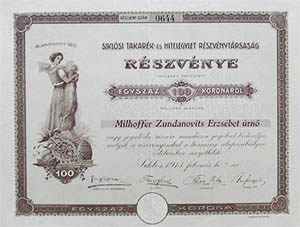 Siklósi Takarék és Hitelegylet Részvénytársaság részvény 100 korona 1913 Siklós