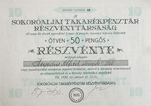 Sokoróaljai Takarékpénztár Részvénytársaság részvény 10x5 50 pengő 1930 Tét