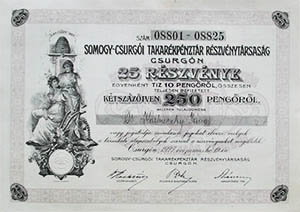 Somogy-Csurgói Takarékpénztár Részvénytársaság Csurgón részvény 25x10 250 pengő 1927