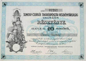 Somogy-Csurgói Takarékpénztár Részvénytársaság Csurgón részvény 10 pengő 1927