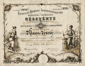 Somogy-Karádi Takarékpénztár Részvénytársaság részvény 100 korona 1909