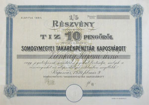 Somogymegyei Takarékpénztár Kaposvárott 1/5 részvény 10 pengő 1930 Kaposvár