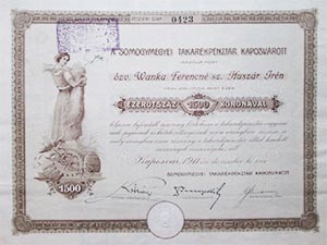 Somogymegyei Takarékpénztár Kaposvárott  részvény 1500 korona 1911 Kaposvár