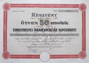 Somogymegyei Takarékpénztár Kaposvárott részvény 50 pengő 1930 Kaposvár