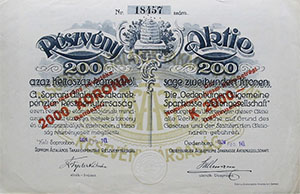 Soproni Általános Takarékpénztár Részvénytársaság részvény 200 korona 1924