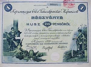 Sopronmegyei Első Takarékpénztár Kapuvárott részvény 20 pengő 1926
