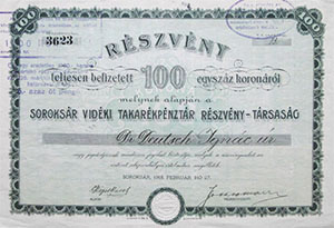 Soroksár vidéki Takarékpénztár Részvénytársaság részvény 100 korona 1918 Soroksár