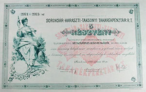 Soroksár-Haraszti-Taksonyi Takarékpénztár Részvénytársaság részvény 5x50 250 pengő 1930