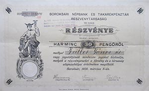 Soroksári Népbank és Takarékpénztár Részvénytársaság részvény 10x3 pengő 1928