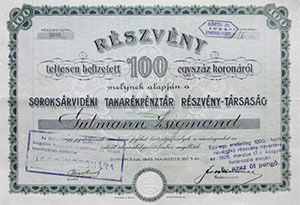 Soroksárvidéki Takarékpénztár Részvénytársaság részvény 100 korona 1923 Soroksár
