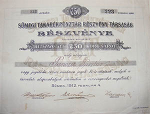 Sümegi Takarékpénztár Részvénytársaság részvény 750 korona 1912 Sümeg