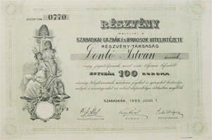 Szabadkai Gazdák és Iparosok Hitelintézete Részvénytársaság részvény 100 korona 1899