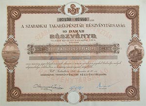 Szabadkai Takarékpénztár Részvénytársaság részvény 10x100 1000 pengő 1941