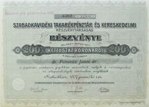 Szabadkavidéki Takarékpénztár és Kereskedelmi Részvénytársaság részvény 200 korona 1907