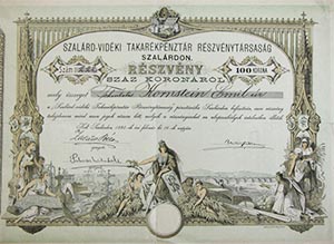 Szalárd-vidéki Takarékpénztár Részvénytársaság részvény 100 korona 1895 Szalárd