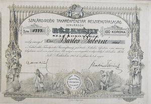 Szalárd-vidéki Takarékpénztár Részvénytársaság részvény 100 korona 1912